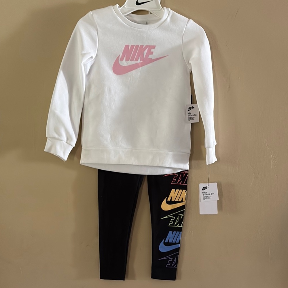 Nike Kids - NEW- White & pink logo top and Black with colorful logos Bottoms Set